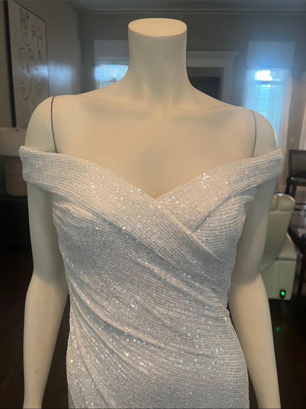 Off-Shoulder Glitter Evening Gown in White - Picture 5 of 12